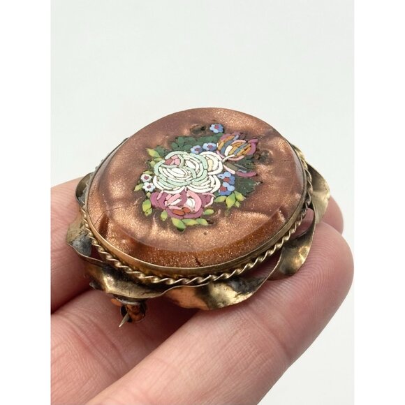 Antique Victorian Goldstone Micro Mosaic Bezel Brooch Pin - Picture 5 of 7